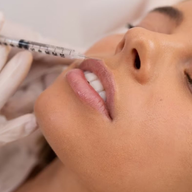Woman receiving Vollure dermal filler injection for facial rejuvenation.